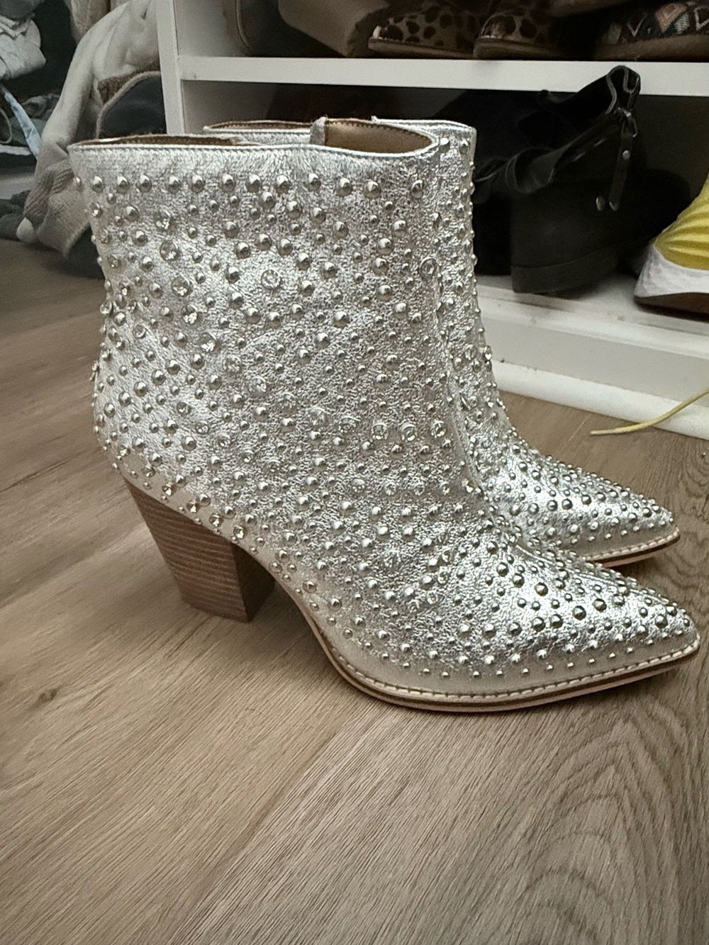 Studded Metallic Silver Women's Ankle Boots